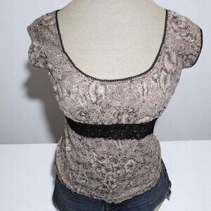 Y2K Rave Shimmer Floral Mesh Top – Black Lace Trim – Made in USA – Size M